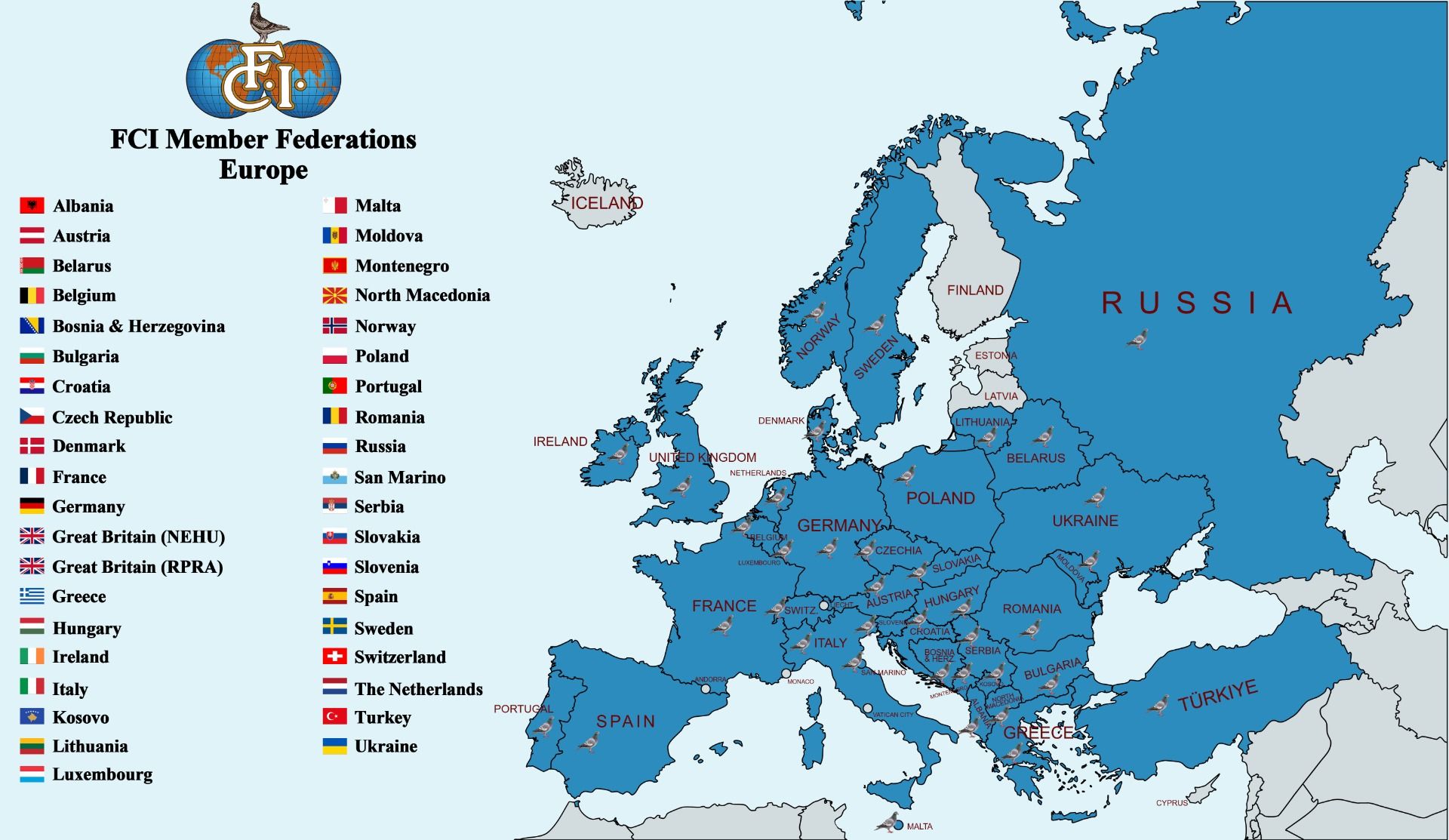 World Map - F.C.I. Member Federations | pigeonsfci